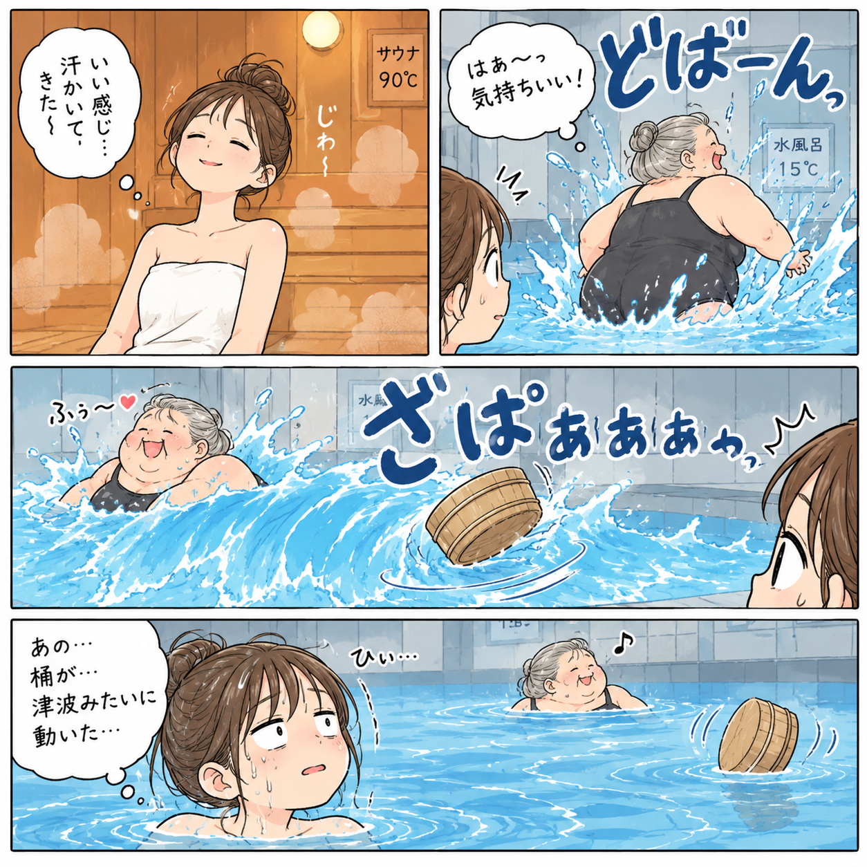 サウナで整っていたら、隣の水風呂に恰幅のいいおばあちゃんが豪快にダイブして波が押し寄せる様子を描いた4コマ漫画