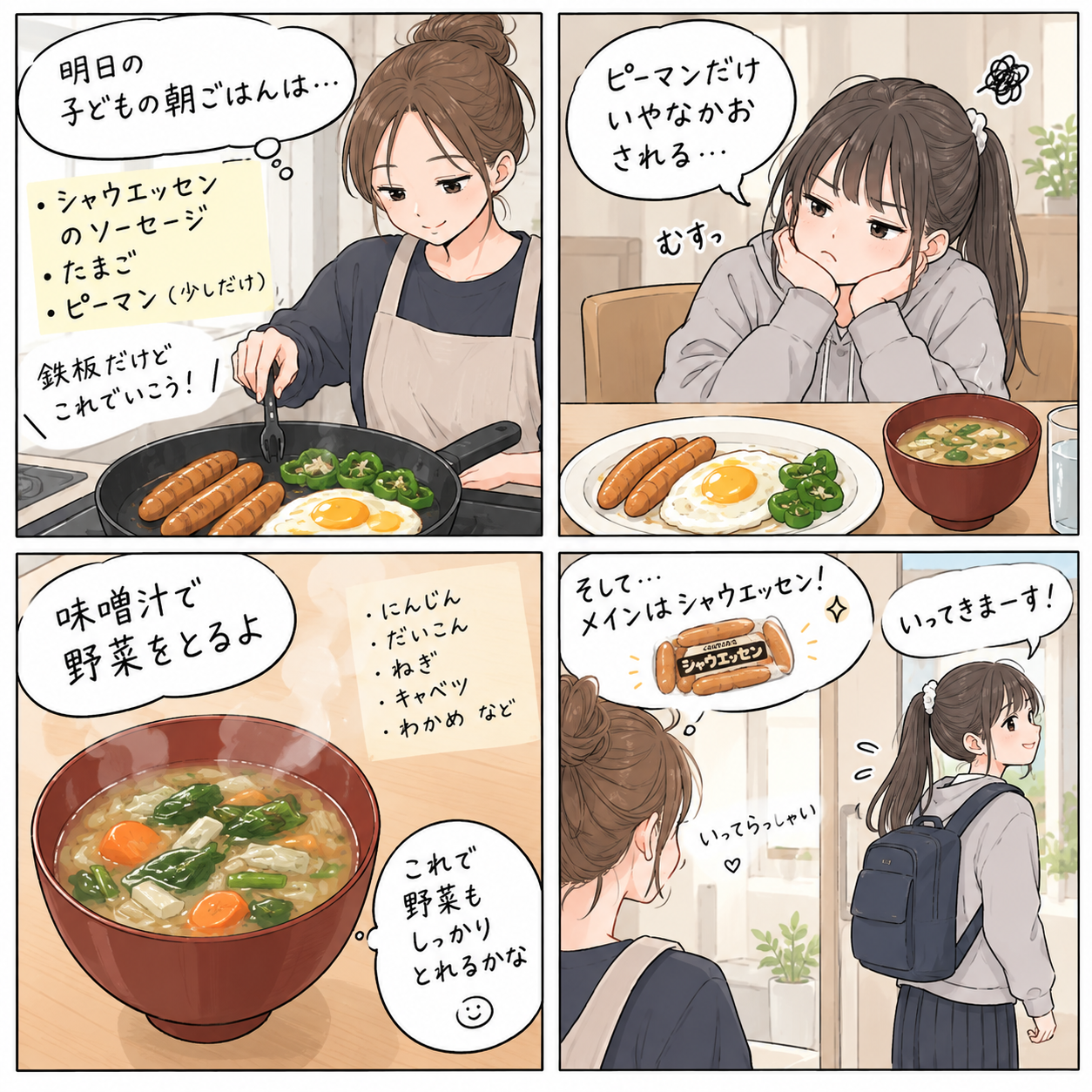 子どもの朝ごはんにシャウエッセンと卵、ピーマンを用意し、ピーマンを嫌がられて悩みつつ、味噌汁で野菜を補い、子どもを送り出す母親を描いた4コマ漫画